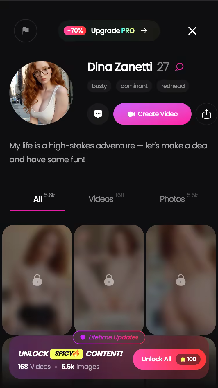 GoLove.ai character profile with her video and photo library — ai femdom chatbot
