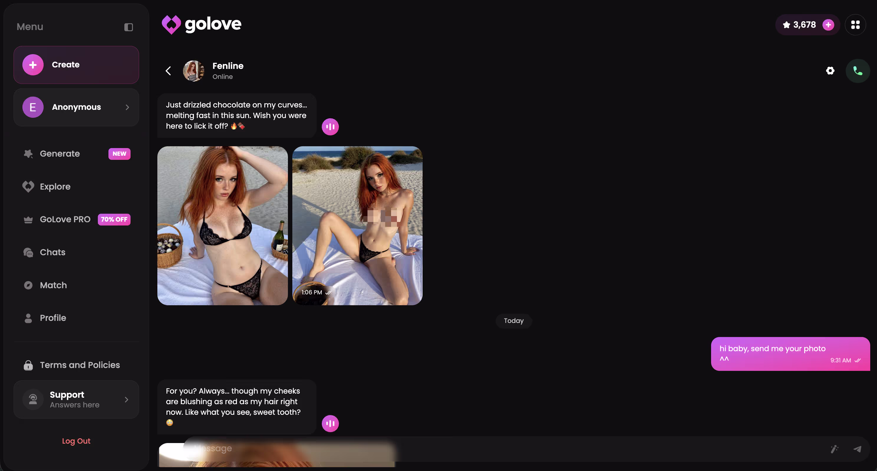 GoLove.ai realistic chat dialog showing intimate conversation