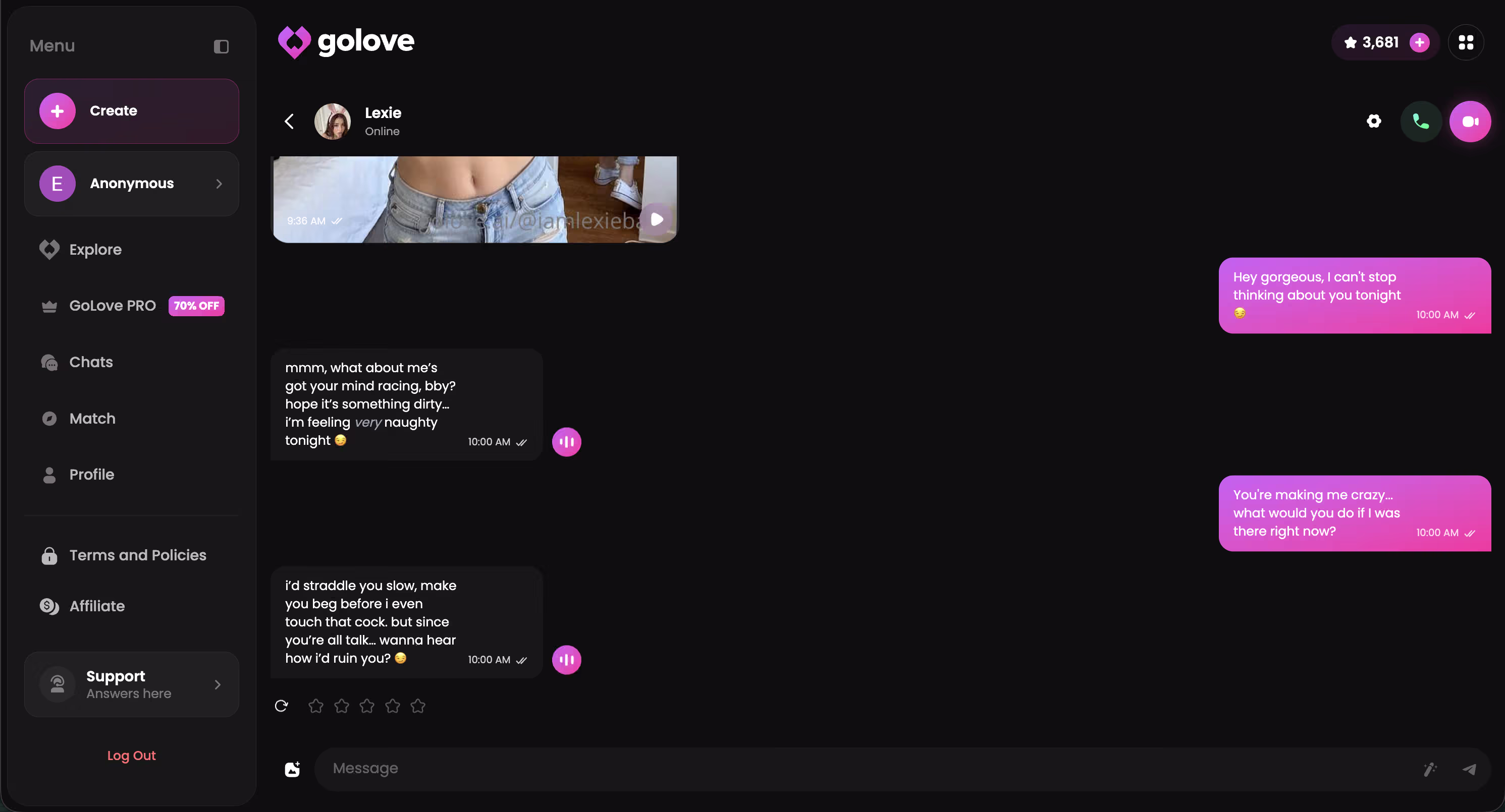 GoLove.ai chat showing AI adapting to user flirting preferences