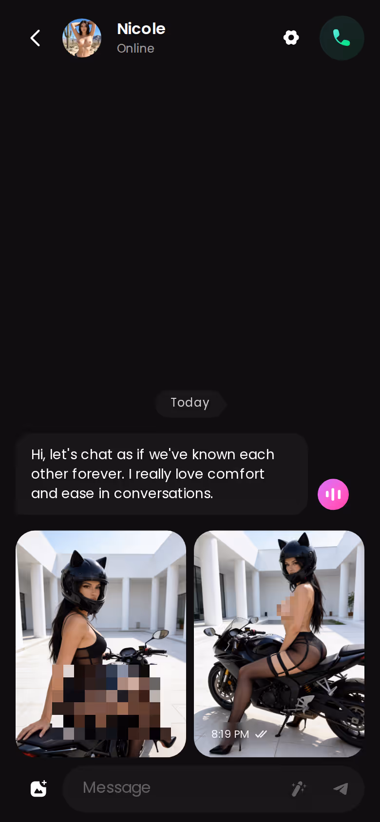 Mobile GoLove.ai chat thread with photo exchange — submissive ai girlfriend experience