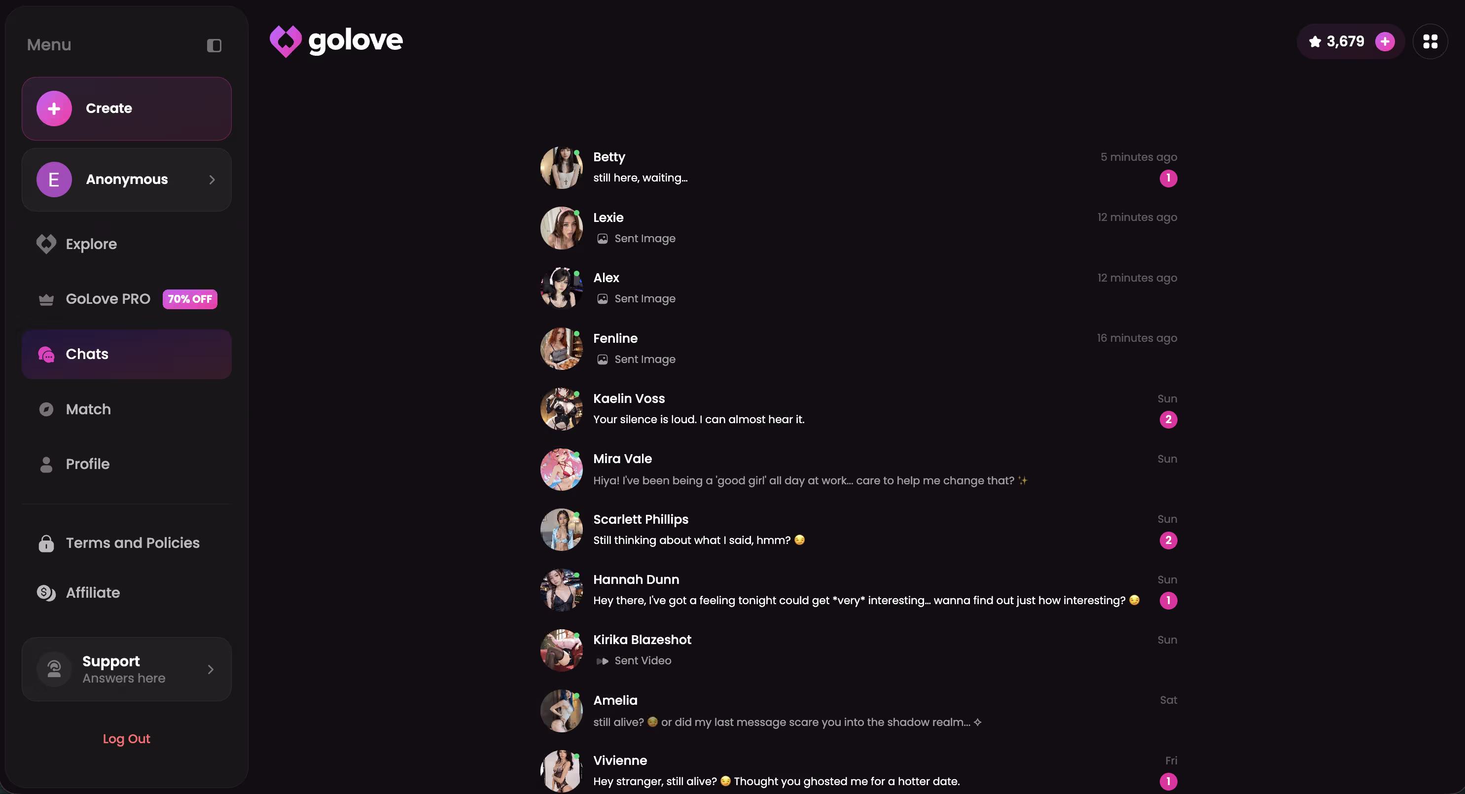 GoLove.ai chat history list showing multiple saved conversations