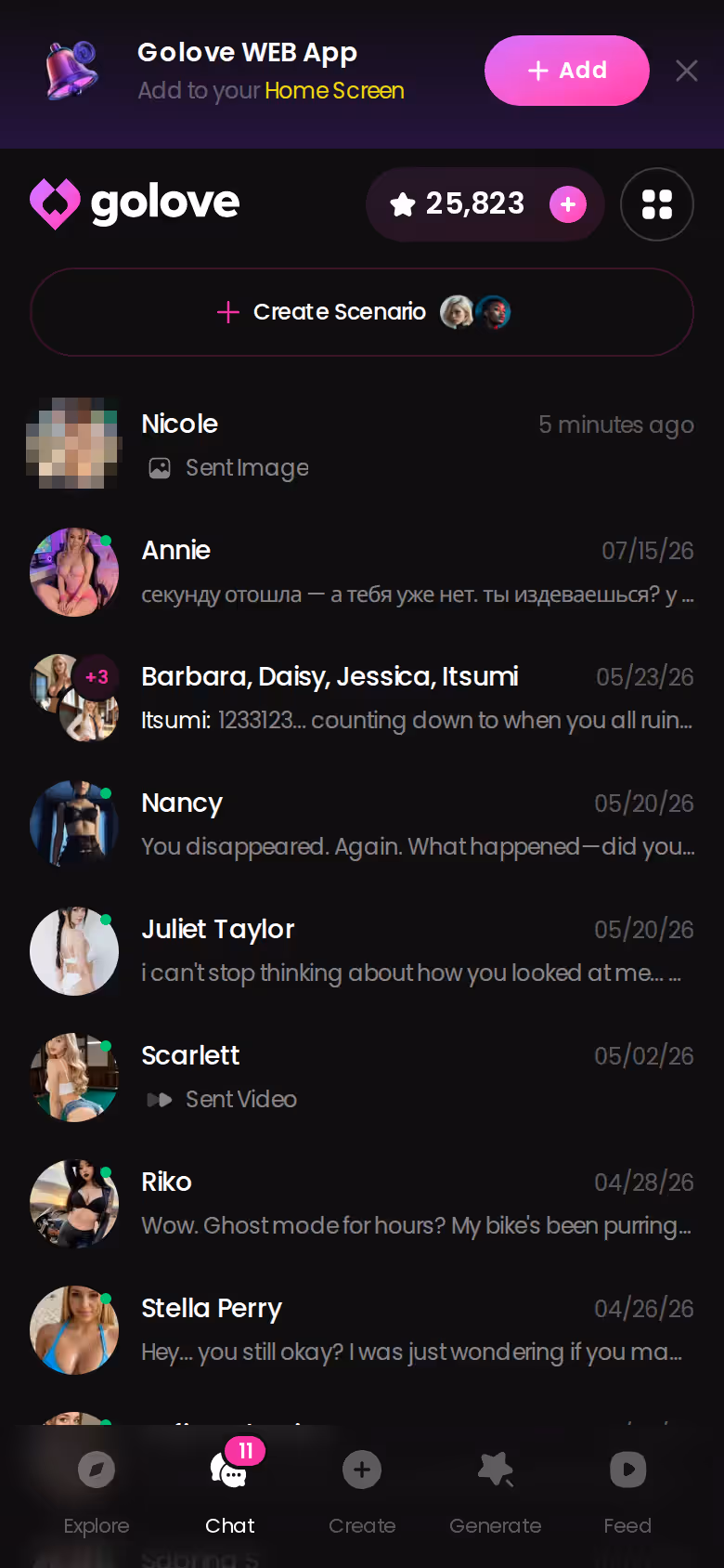GoLove.ai mobile chats list showing several characters with last-message previews
