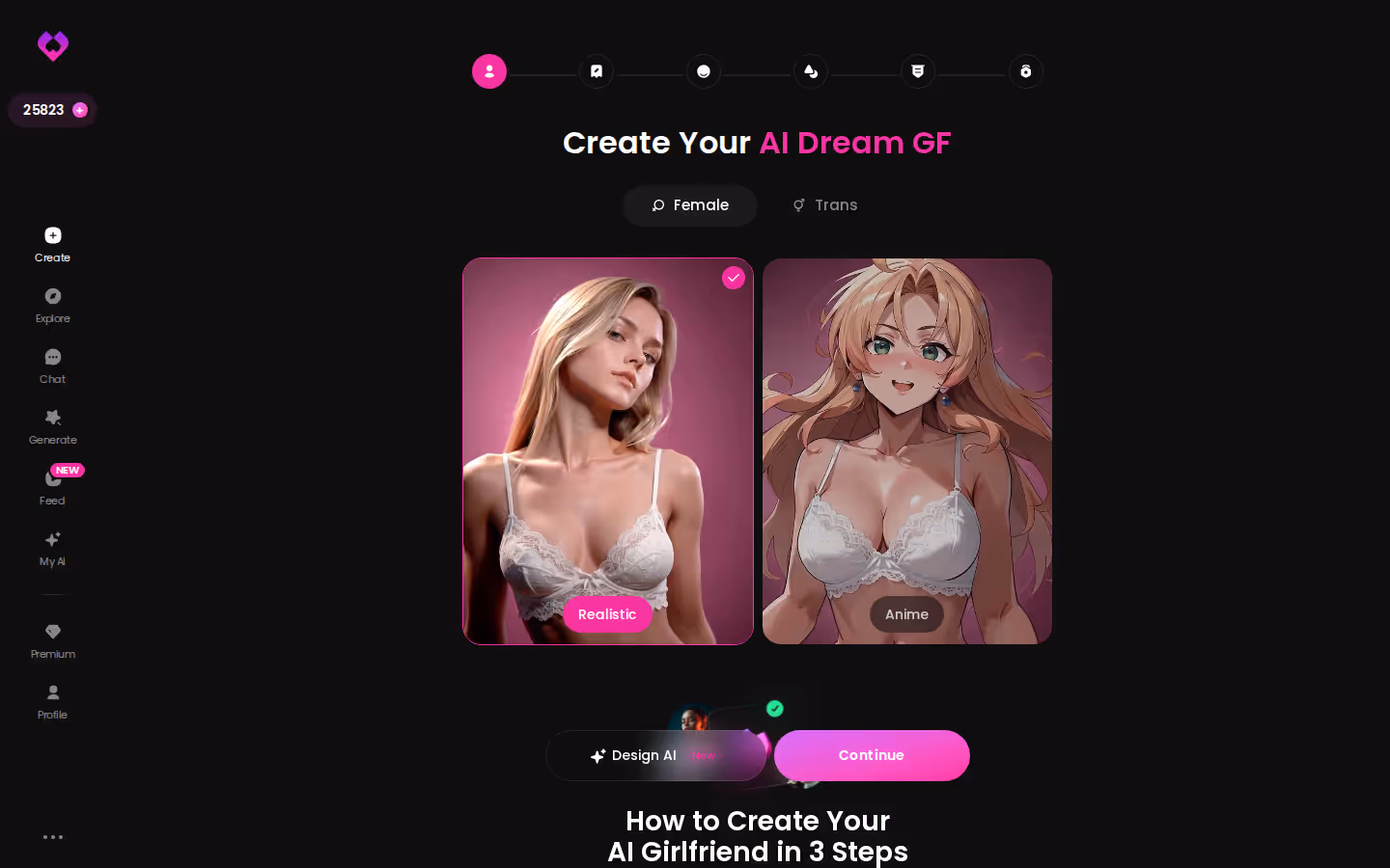 GoLove.ai create wizard — Realistic vs Anime, with the Design with AI shortcut