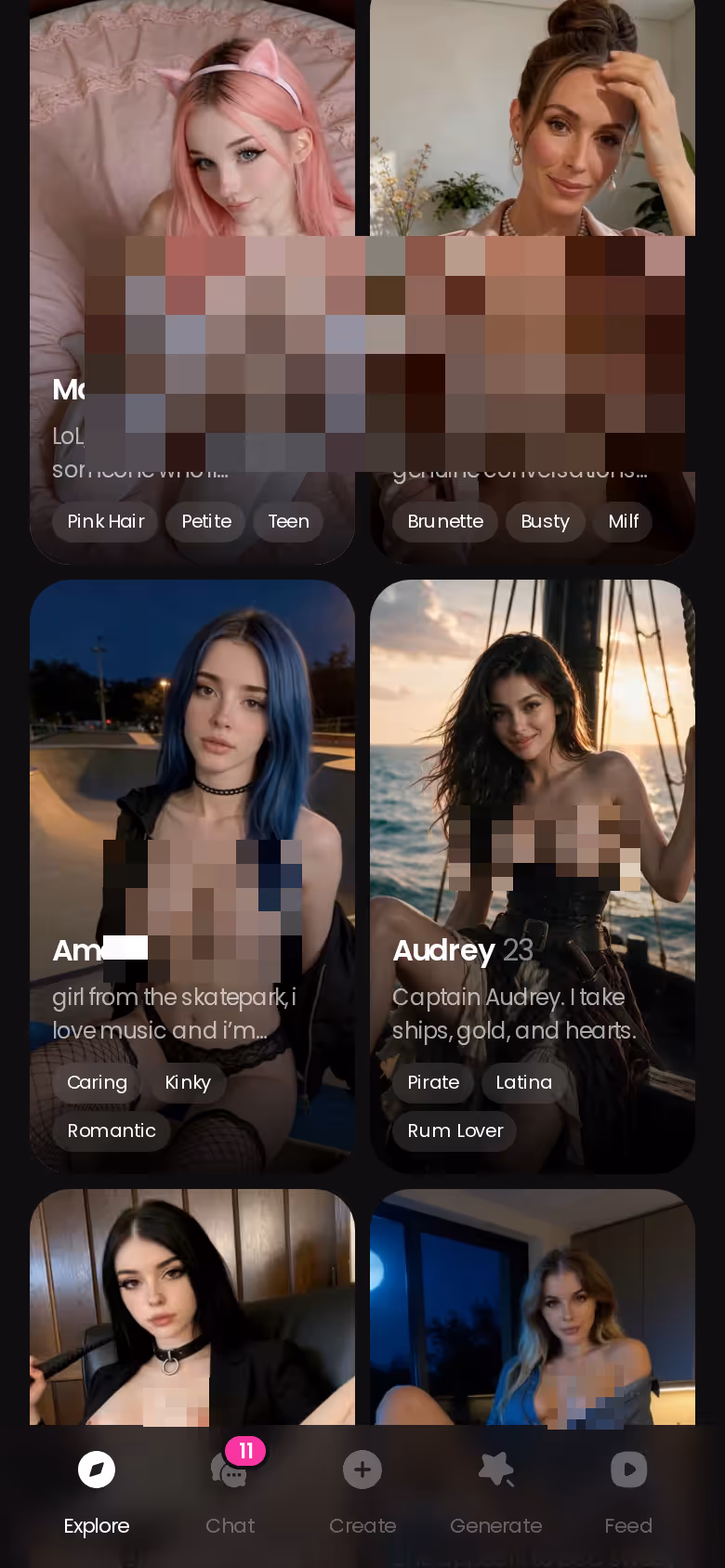 More of the mobile GoLove.ai Explore character grid — kinky ai chat