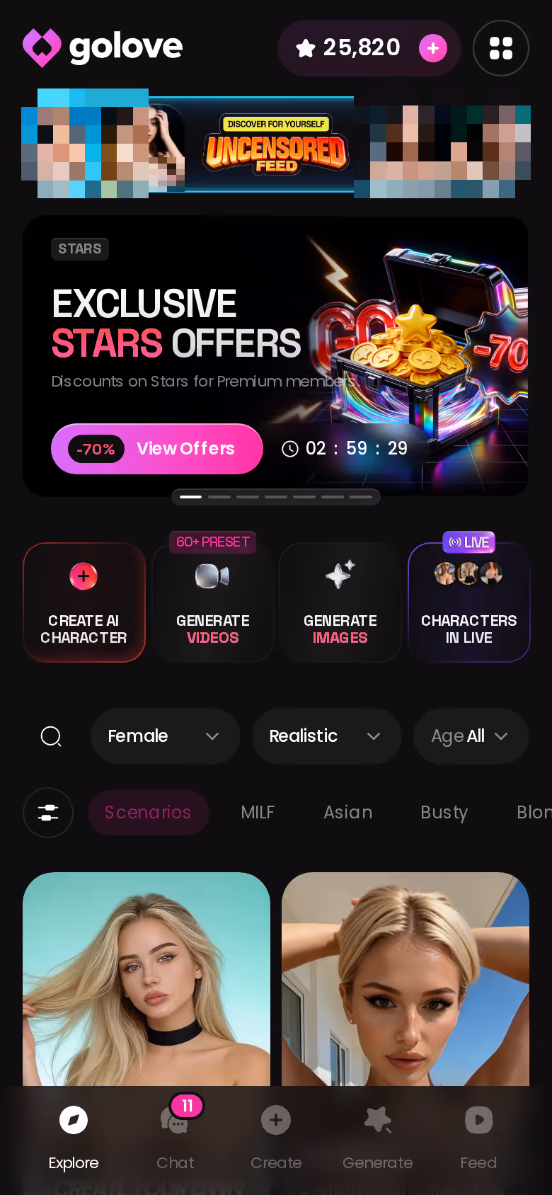 GoLove.ai Explore page on mobile showing realistic AI girlfriend characters