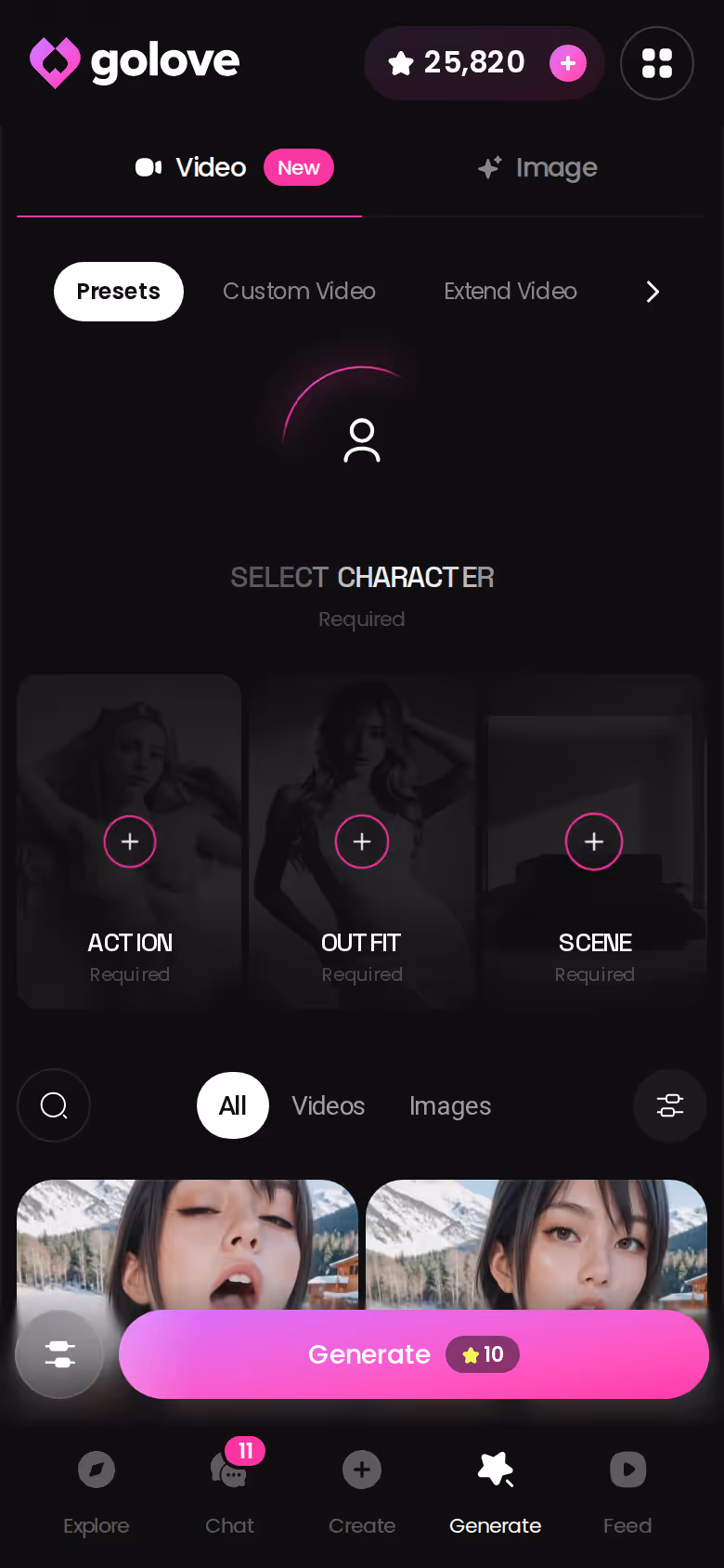 GoLove.ai mobile Generate hub with Image and Video tabs and the Stars balance in the header
