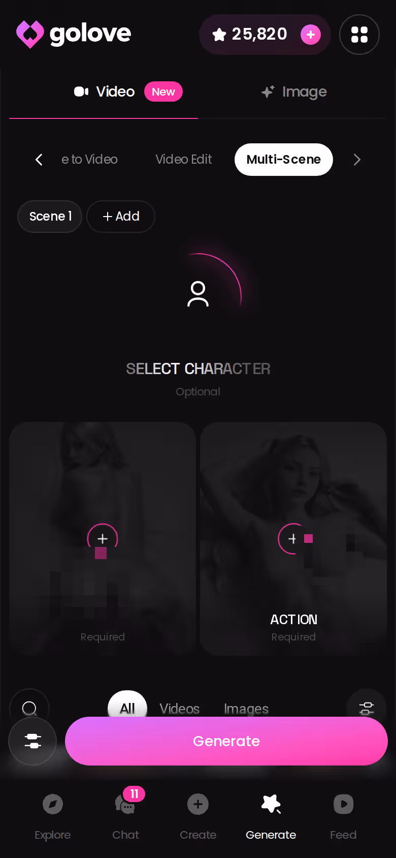 GoLove.ai video generator on mobile with the Multi-Scene option
