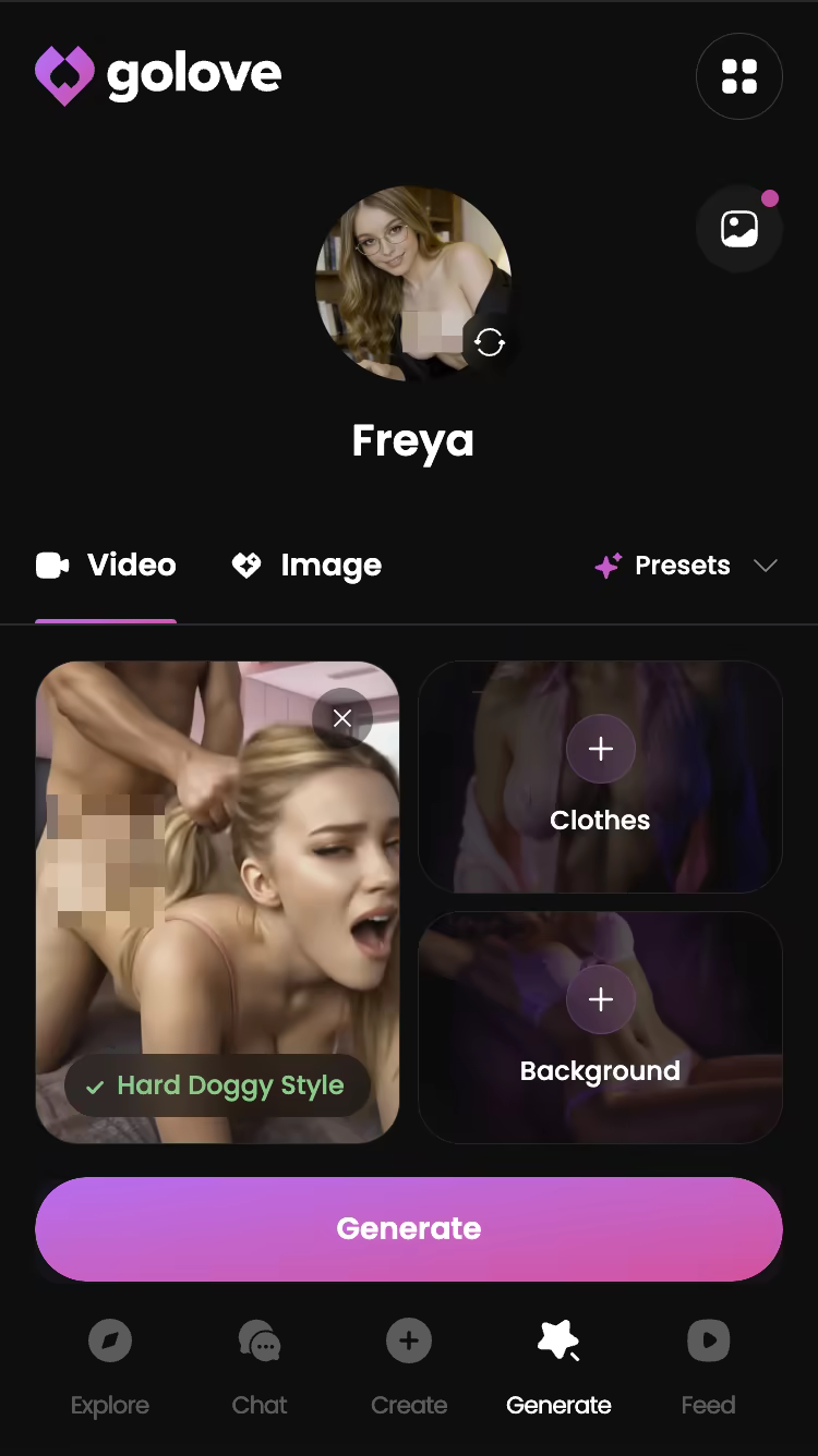 Explicit action preset selected in the GoLove.ai video generator — ai femdom joi