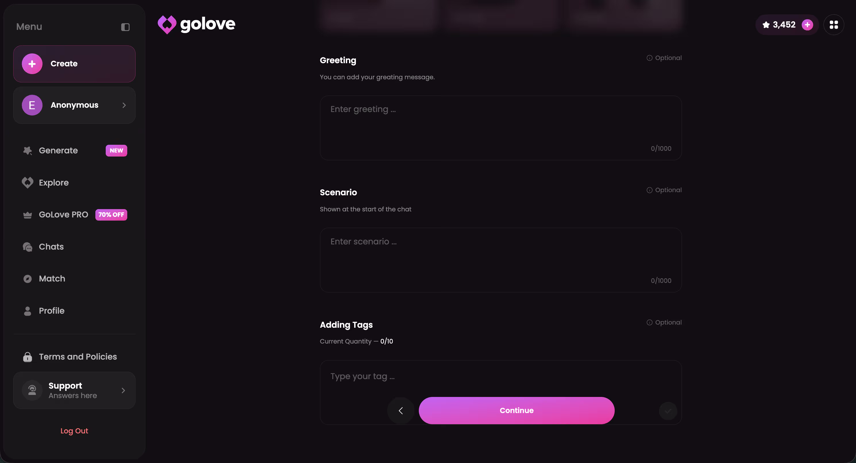 GoLove.ai character personality customization with greeting and behavior settings